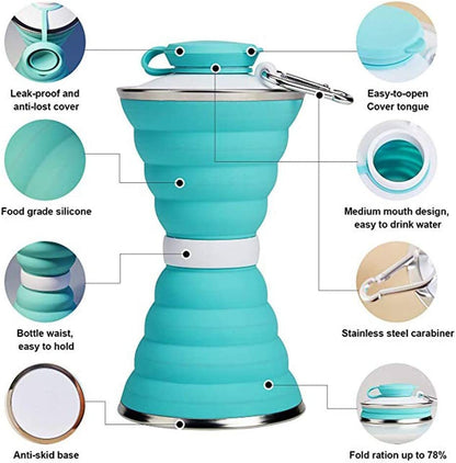 500ML Silicone Water Bottle Cup Foldable Leak Proof Portable Sports