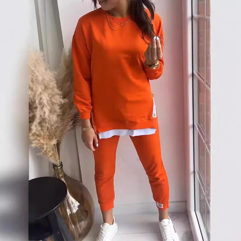 Women's Sports Suit Fashion Slit Design Sweatshirt Set Outfit