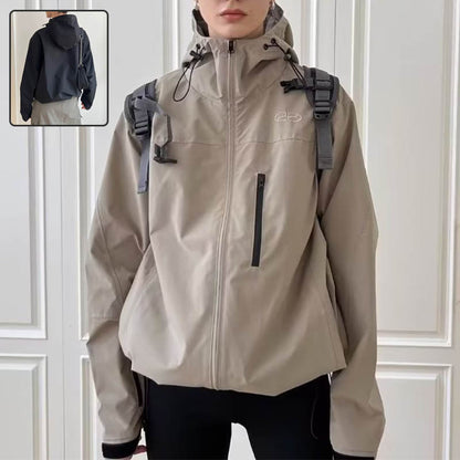 Loose Hooded Windbreaker Fashion Solid Color Zip-up Jacket