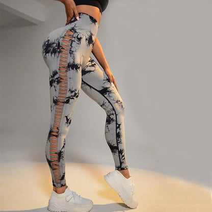 Hollow Tie Dye Printed Yoga Pants High Waist Butt Lift