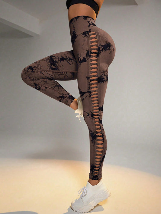 Cut Out Side Hollow Tie Dyed Yoga Pants High Waist And Hip Lifting Fitness
