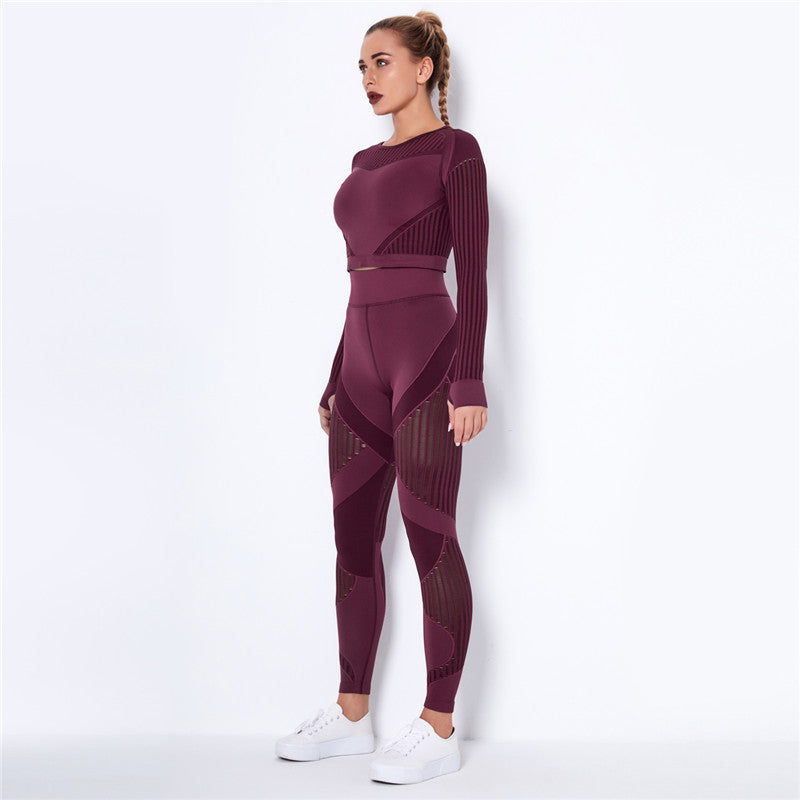 Yoga clothing suit striped hollow fitness two-piece suit