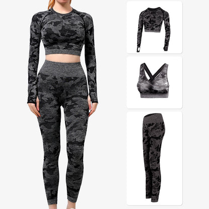 Camouflage High Elasticity Slim Quick Drying Yoga Wear Three Piece Set