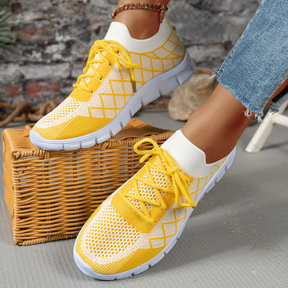 Colorblock Plaid Lace-Up Flyknit Running Sports Shoes For Women