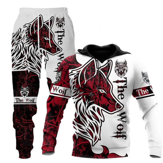 3D Wolf Print Tracksuit Men Sportswear Hooded Sweatsuit Two Piece