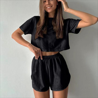2pcs Casual Hollow Suit With Short-sleeved Crop Top