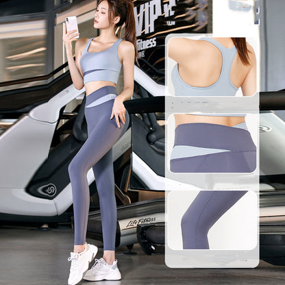 Women's Patchwork Contrast Sports Fitness Bra Leggings Set