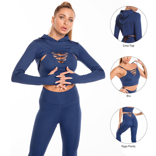 3 pieces Sports Suits Long Sleeve Hooded Top Leggings Sports Gym Clothing