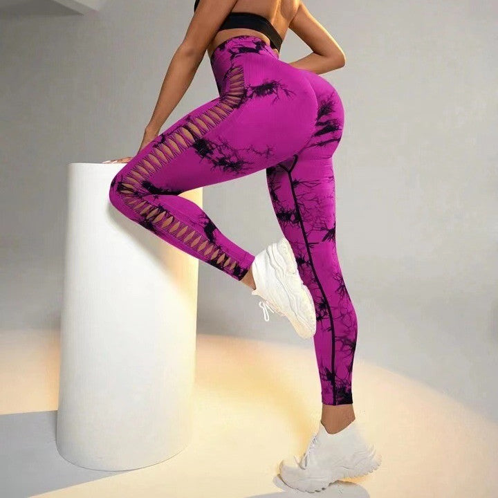 Hollow Tie Dye Printed Yoga Pants High Waist Butt Lift