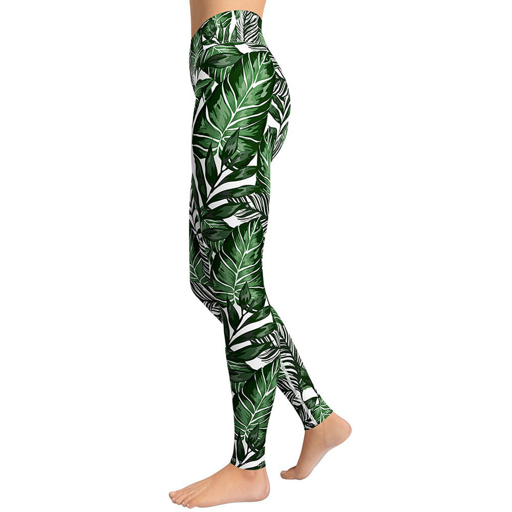 Europe And America Large Palm Leaf Printing Exercise Tight Yoga Pants