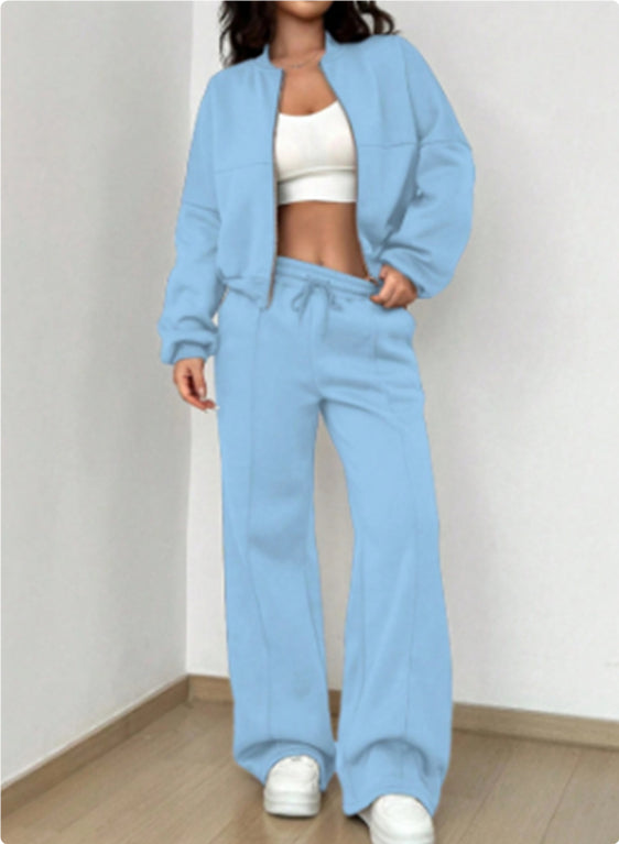 Women's Sports Suits Zipper Jacket And Wide Leg Pants