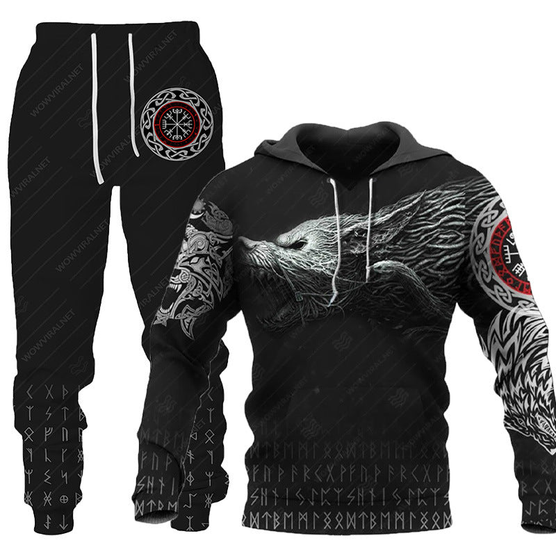 3D Wolf Print Tracksuit Men Sportswear Hooded Sweatsuit Two Piece