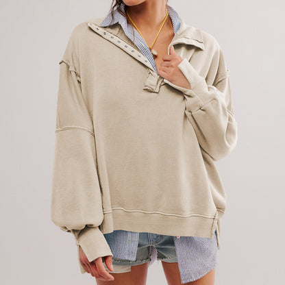 Fashion Button Lapel Sweatshirt With Slit Design Casual Sports