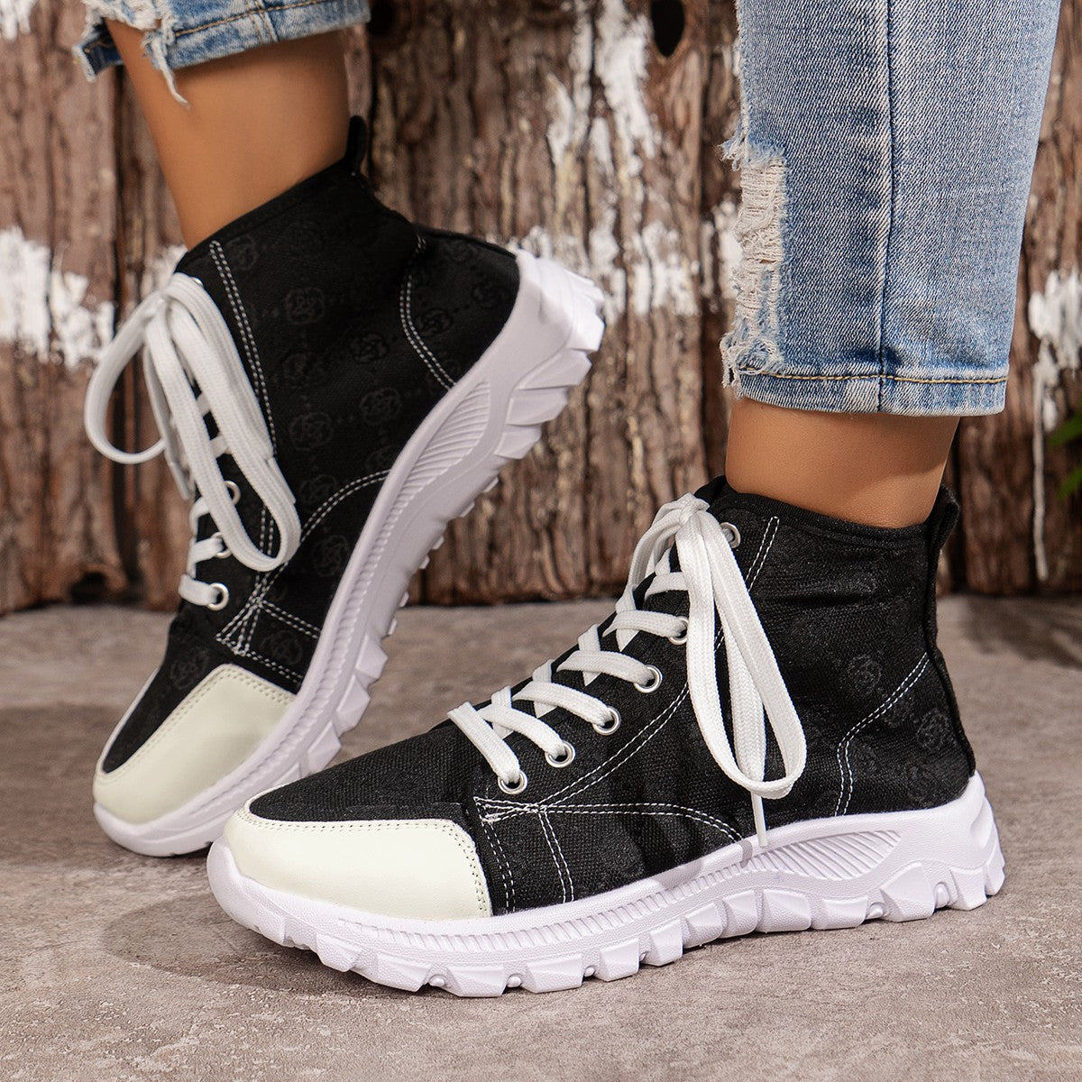 Rose-printed Lace-up Boots Fashion Shoes Sports