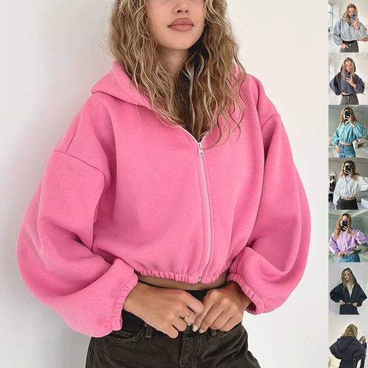 Casual Solid Color Hooded Short Jacket Y2K Fashion Sports