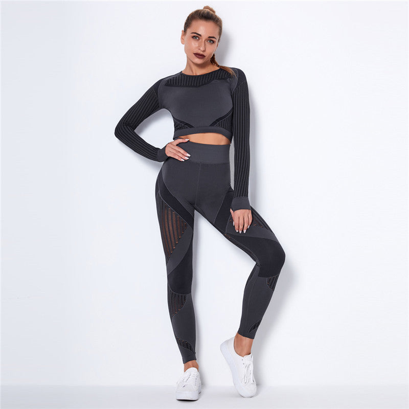 Yoga clothing suit striped hollow fitness two-piece suit