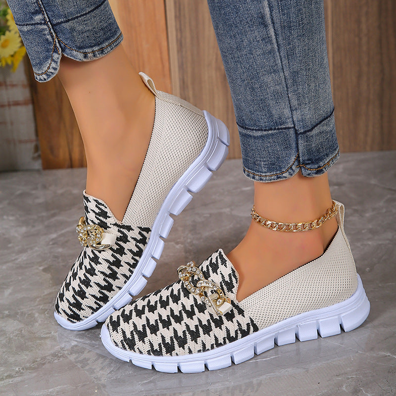 Casual Houndstooth Print Chain Mesh Shoes Sports