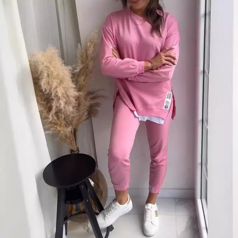 Women's Sports Suit Fashion Slit Design Sweatshirt Set Outfit