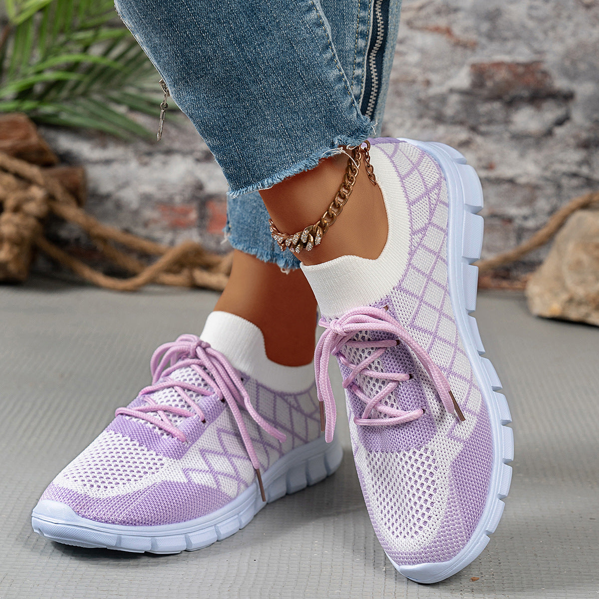 Colorblock Plaid Lace-Up Flyknit Running Sports Shoes For Women