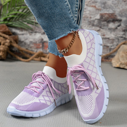 Colorblock Plaid Lace-Up Flyknit Running Sports Shoes For Women