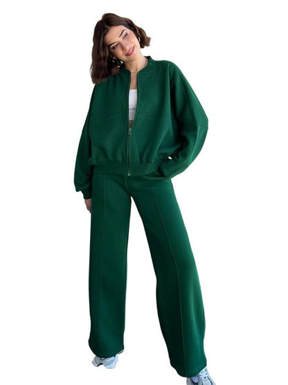 Women's Sports Suits Zipper Jacket And Wide Leg Pants