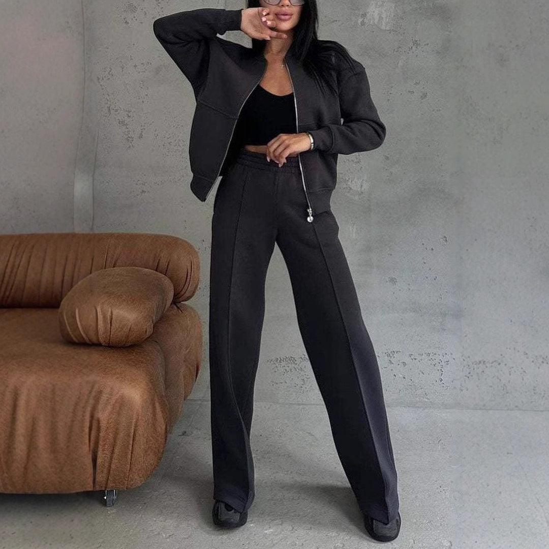 Women's Sports Suits Zipper Jacket And Wide Leg Pants