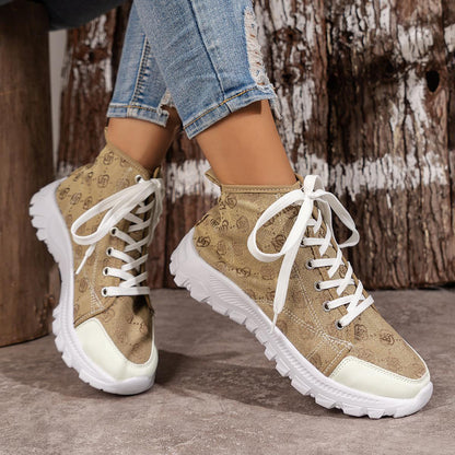 Rose-printed Lace-up Boots Fashion Shoes Sports