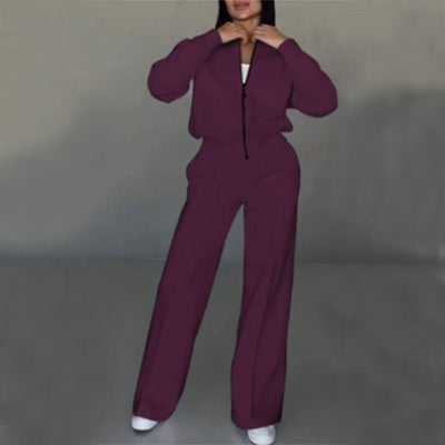 Women's Sports Suits Zipper Jacket And Wide Leg Pants