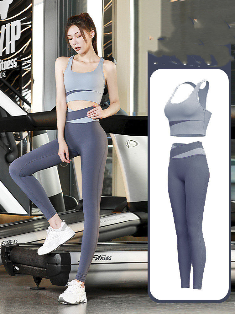 Women's Patchwork Contrast Sports Fitness Bra Leggings Set