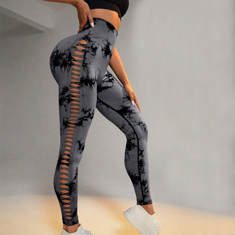 Hollow Tie Dye Printed Yoga Pants High Waist Butt Lift