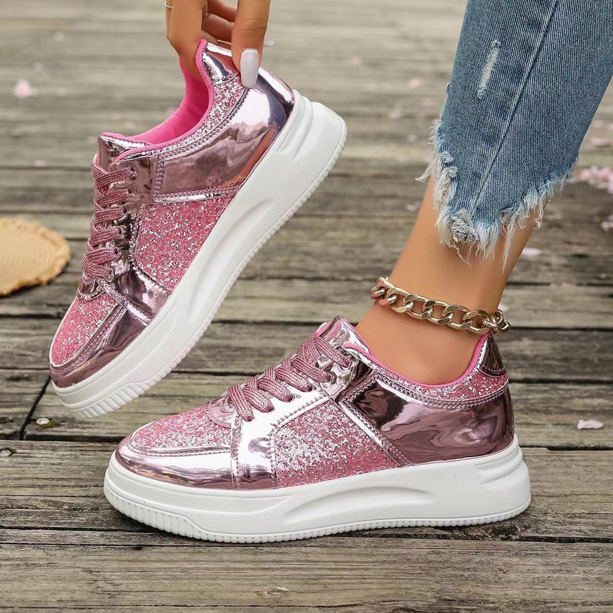 Fashion Lace-up Flat Shoes With Sequin Design Casual Sports