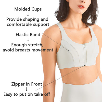 Zip Front Sports Bra Shock Absorption Gather For Women