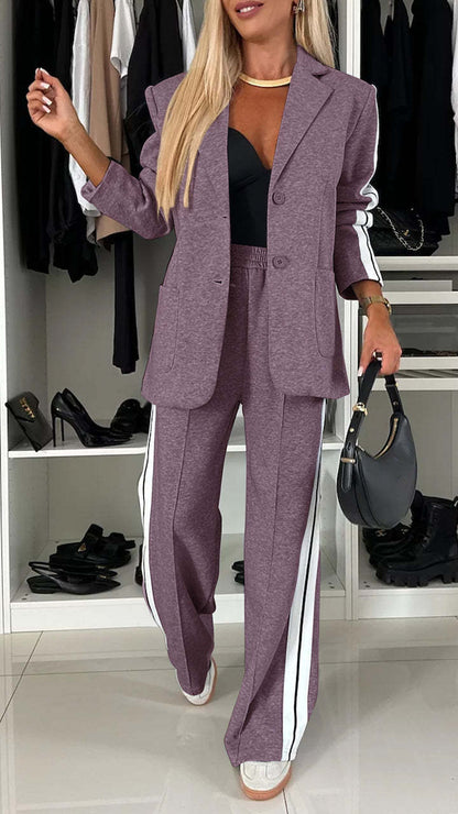 Women's Casual Suit Lapel Single-breasted Jacket And Striped Pants