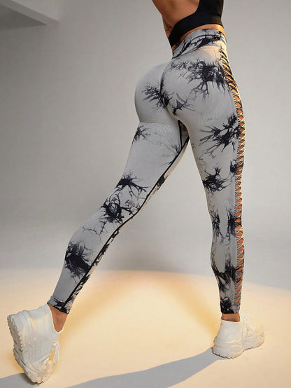 Cut Out Side Hollow Tie Dyed Yoga Pants High Waist And Hip Lifting Fitness