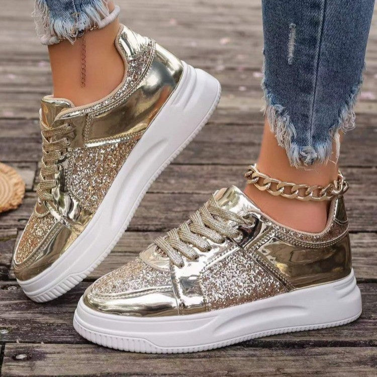 Fashion Lace-up Flat Shoes With Sequin Design Casual Sports