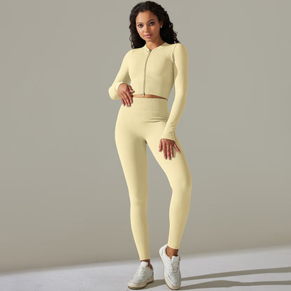 Seamless High Elastic Zipper Stripes Long Sleeve Yoga Wear Suit