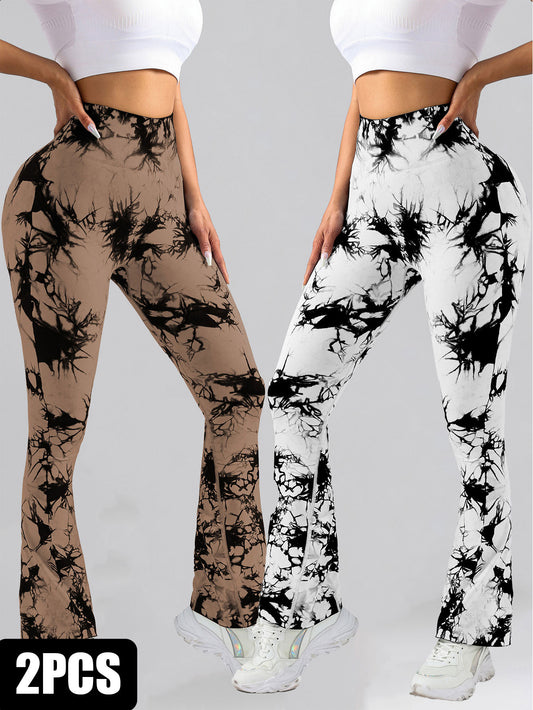 2 Pack Tie Dyed High Waisted Flared Butt-lifting Fitness Sports Women's Yoga