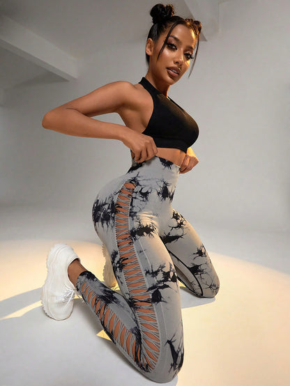Cut Out Side Hollow Tie Dyed Yoga Pants High Waist And Hip Lifting Fitness