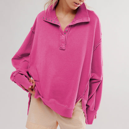 Fashion Button Lapel Sweatshirt With Slit Design Casual Sports
