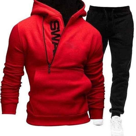 Side zipper contrast color hooded men's sweater suit