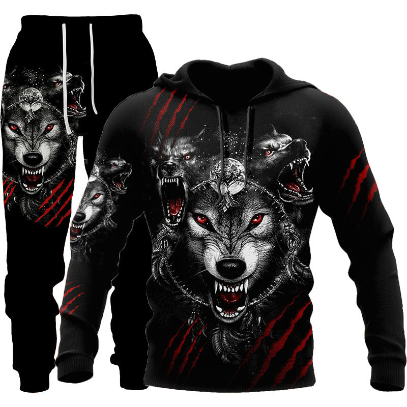 3D Wolf Print Tracksuit Men Sportswear Hooded Sweatsuit Two Piece