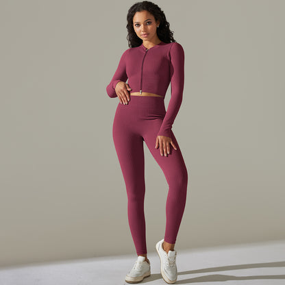 Seamless High Elastic Zipper Stripes Long Sleeve Yoga Wear Suit