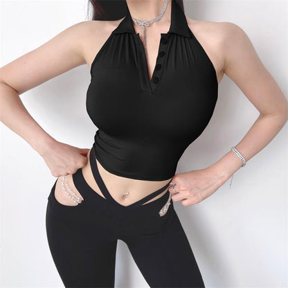 Women's Lapel Skinny Fitness Quick Dry Sleeveless Tank Top