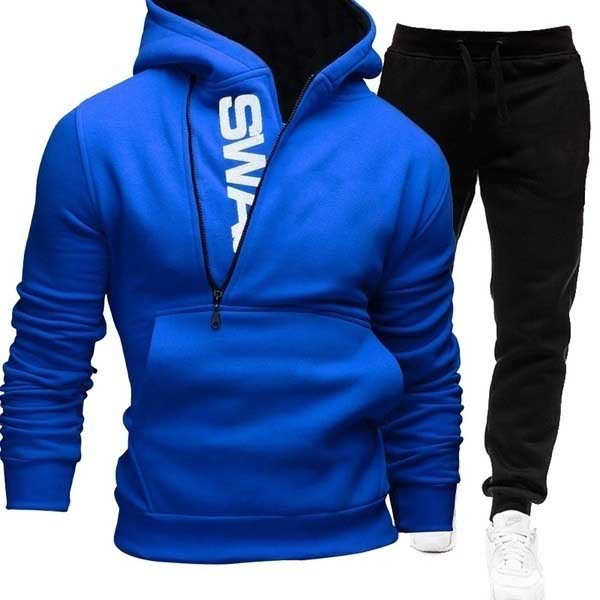 Side zipper contrast color hooded men's sweater suit