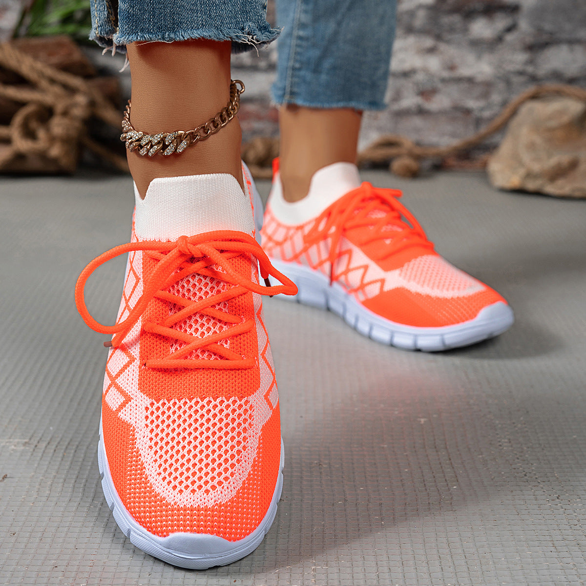 Colorblock Plaid Lace-Up Flyknit Running Sports Shoes For Women
