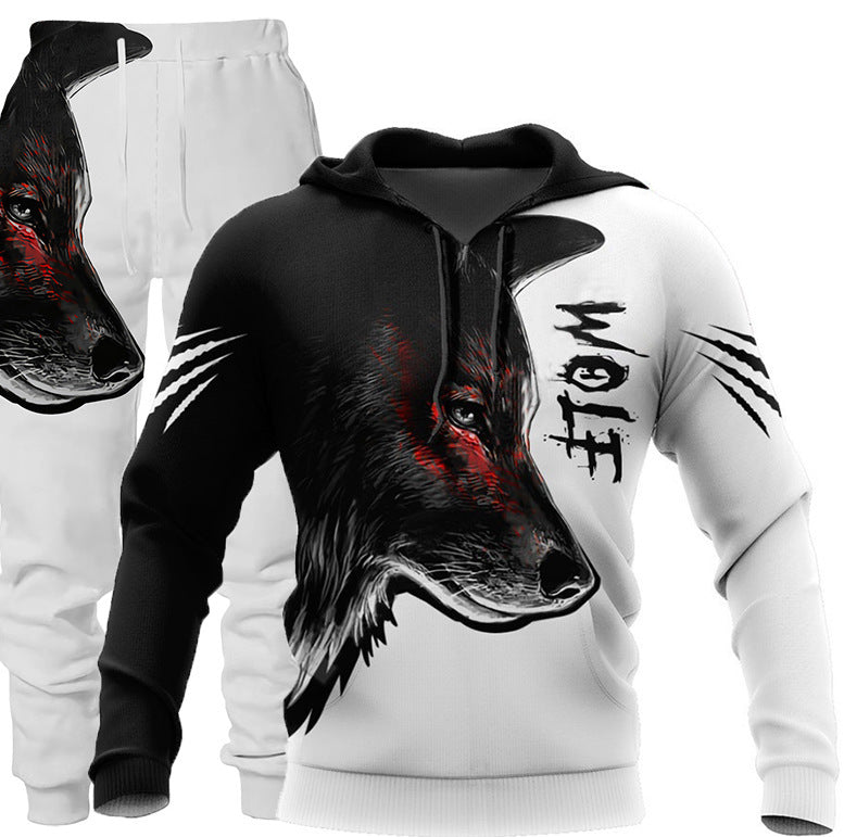 3D Wolf Print Tracksuit Men Sportswear Hooded Sweatsuit Two Piece