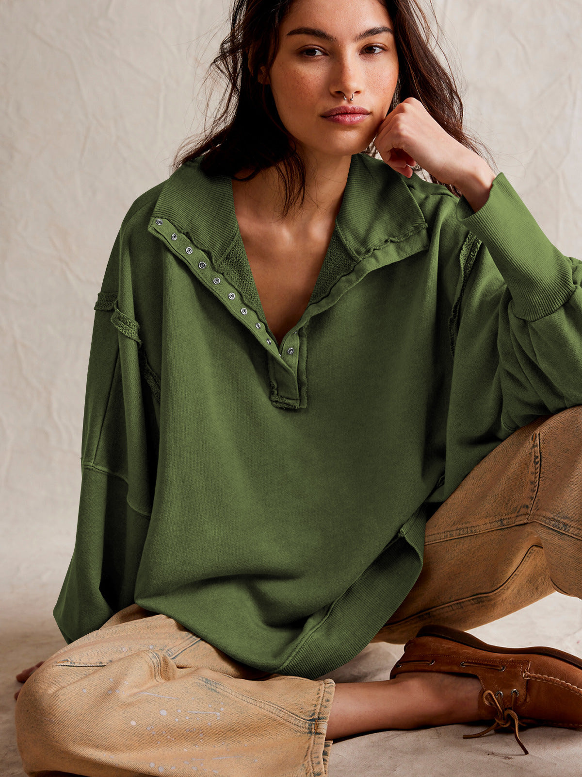 Fashion Button Lapel Sweatshirt With Slit Design Casual Sports