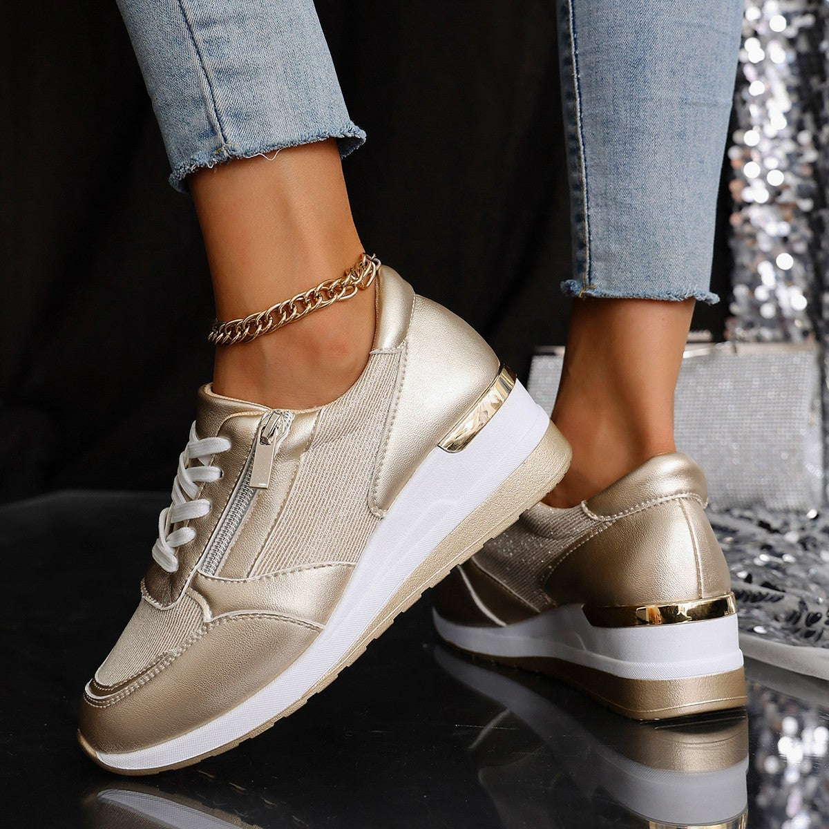 Women's Lace-up Casual Shoes Fashion Side Zipper Design