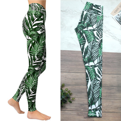 Europe And America Large Palm Leaf Printing Exercise Tight Yoga Pants