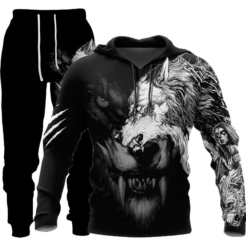 3D Wolf Print Tracksuit Men Sportswear Hooded Sweatsuit Two Piece